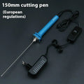 Blue electric heating cutter knife for cutting polystyrene foam boards, with plug adapter.