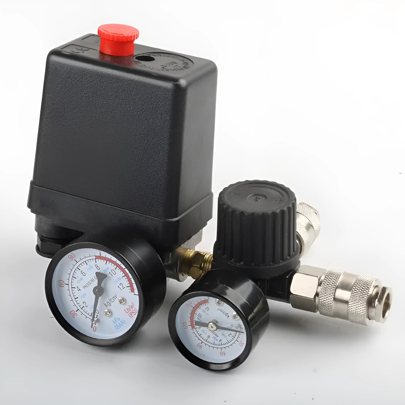 European style air compressor pressure switch with pressure gauge and electrical connections