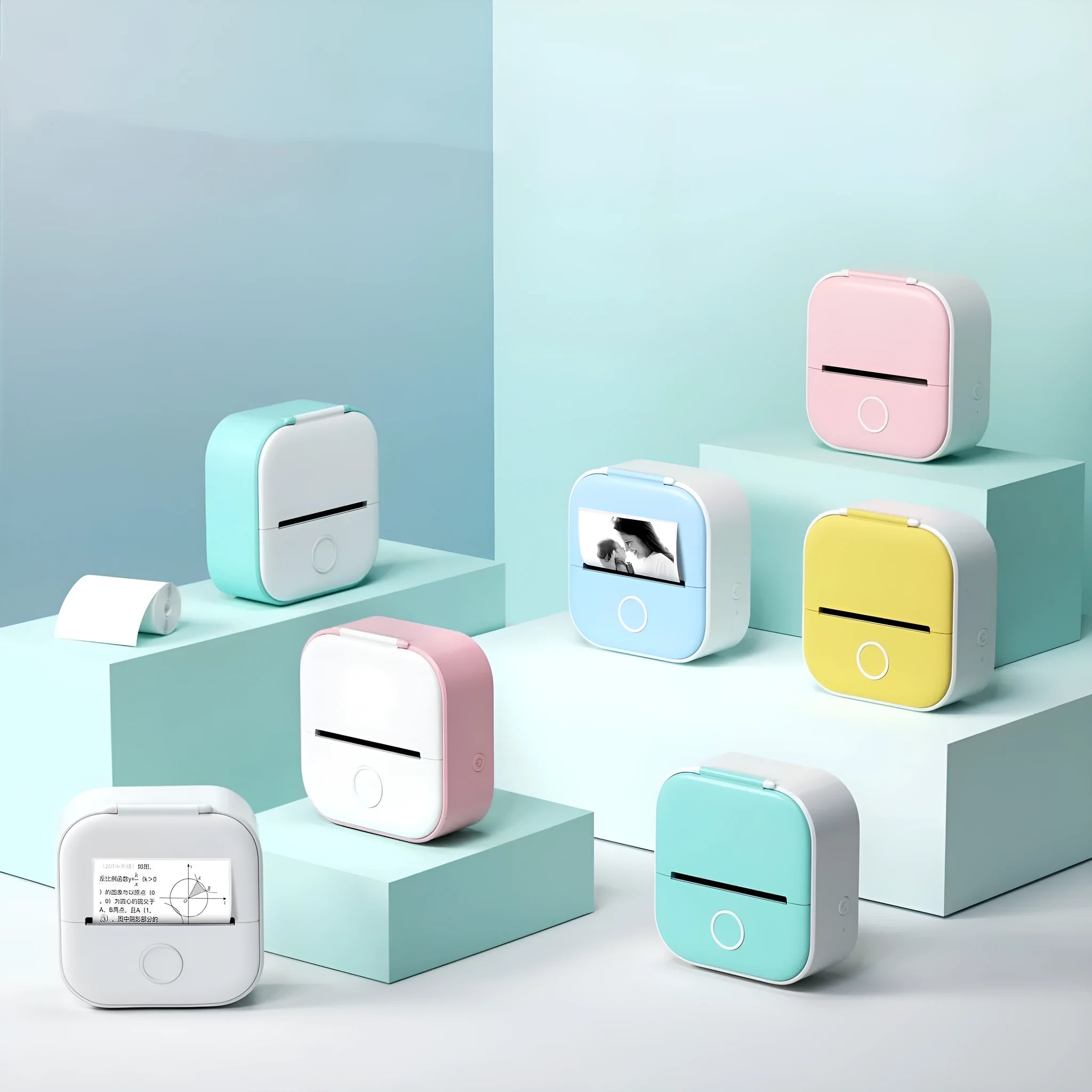 Mini pink thermal printer with rabbit ear protective case and USB charging cable
