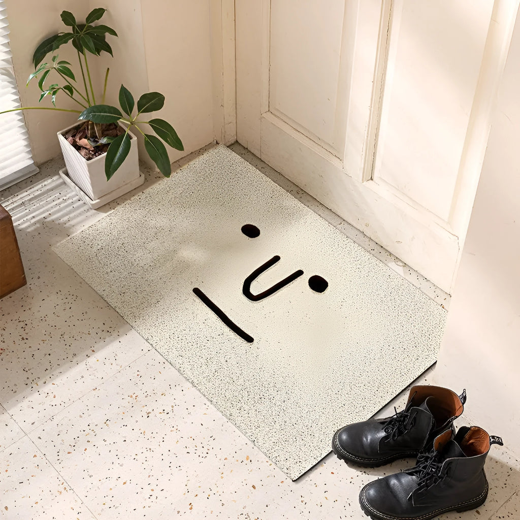 Square cartoon facial expression PVC floor mat in Mr. Big Nose colour and geometric pattern.