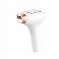 Three-in-one ice-sensing laser hair removal device in pink and white colours with shaver accessory