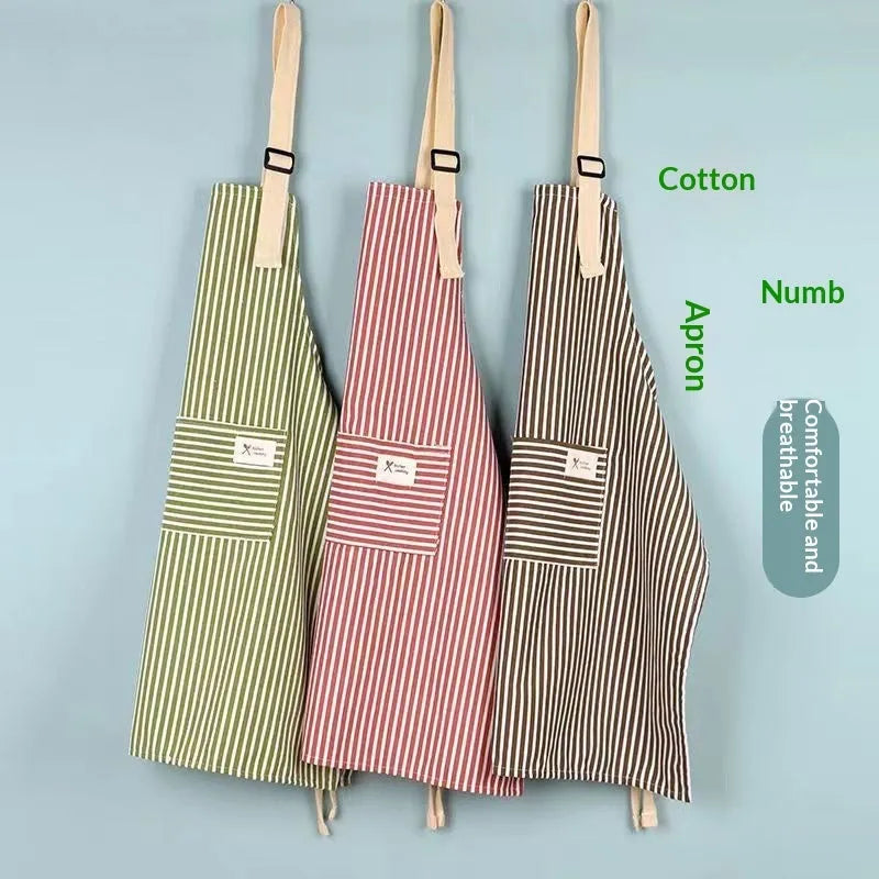 Linen stripe apron in blue, breathable anti-stain kitchen apron for household chores, one size
