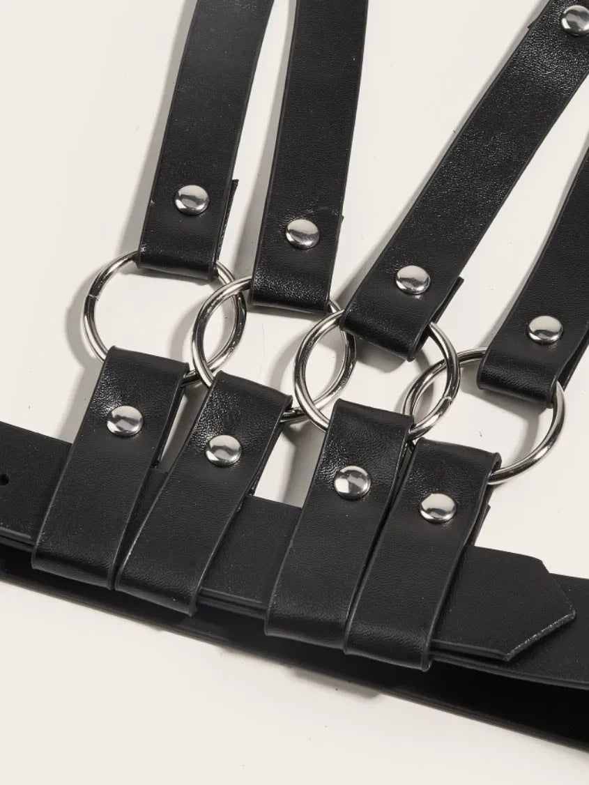 Women's black PU bondage and discipline underwear set with top and bottom pieces and bowknot handcuffs