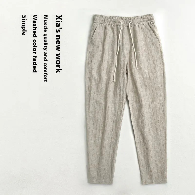 Men's striped cotton linen cropped summer casual pants in multiple colour variations