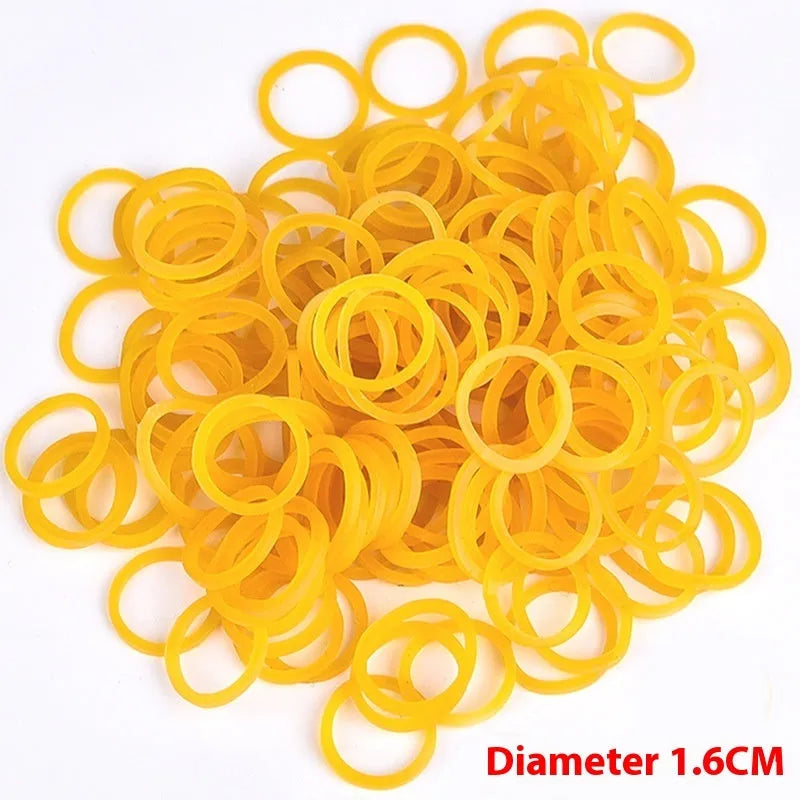 Yellow rubber bands in seven sizes from 16mm to 70mm diameter in a 500g bulk pack