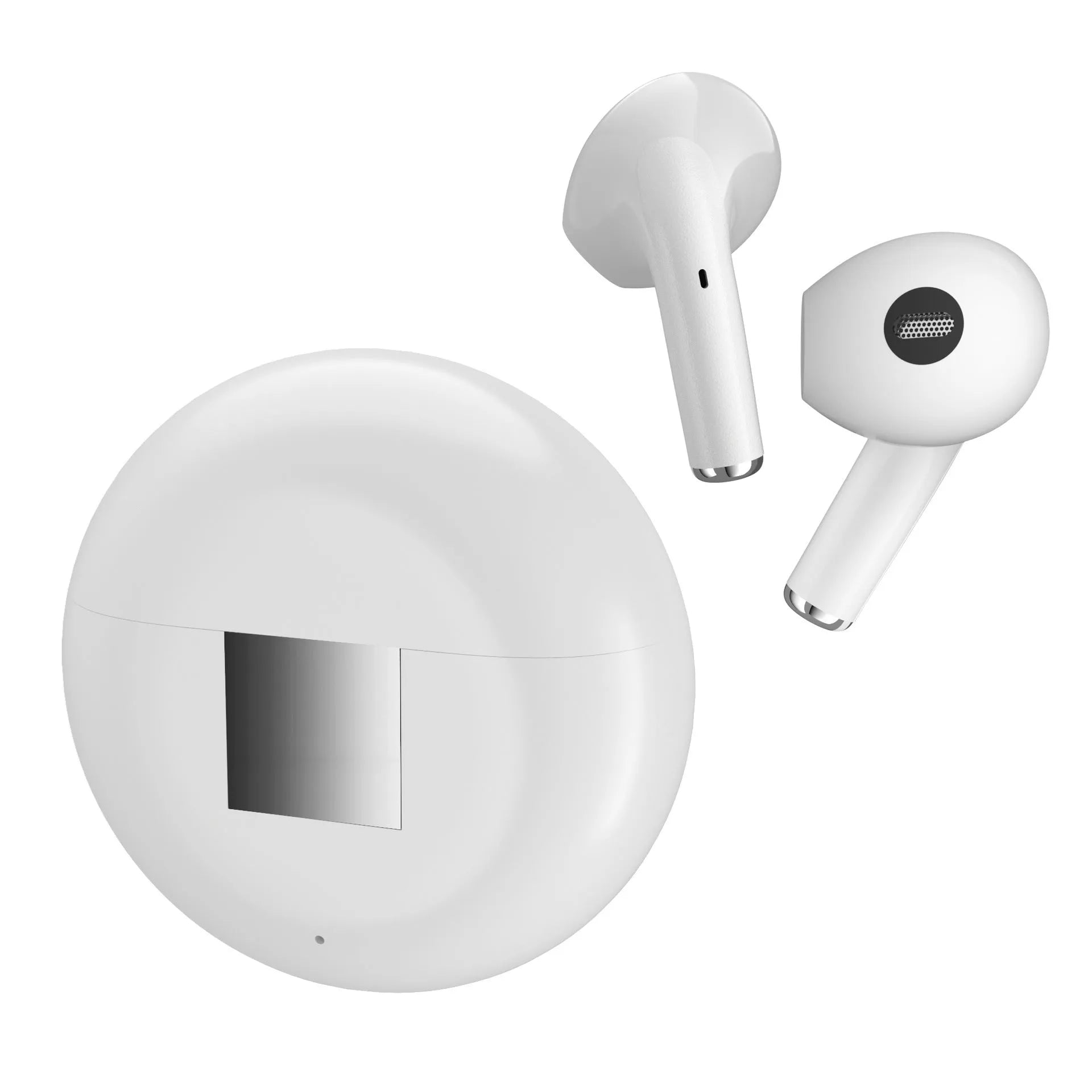 White Budz5 wireless Bluetooth earbuds with semi-in-ear design and charging case on a table.