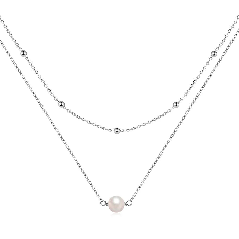 Sterling silver double layer women's necklace with twin pearls and ball bead chain