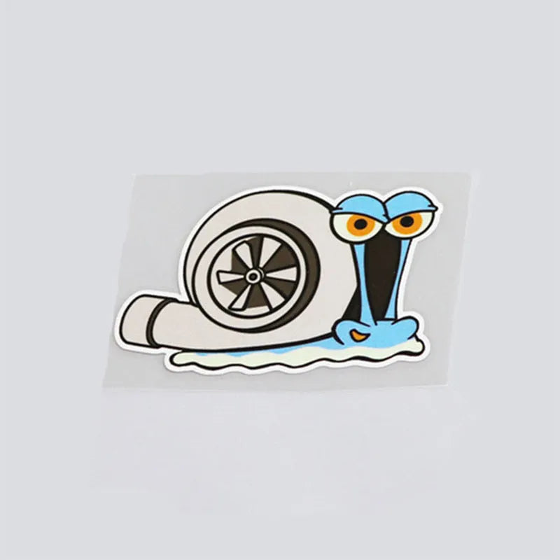 Colourful reflective cartoon snail car bumper sticker measuring 12 by 8 centimetres.