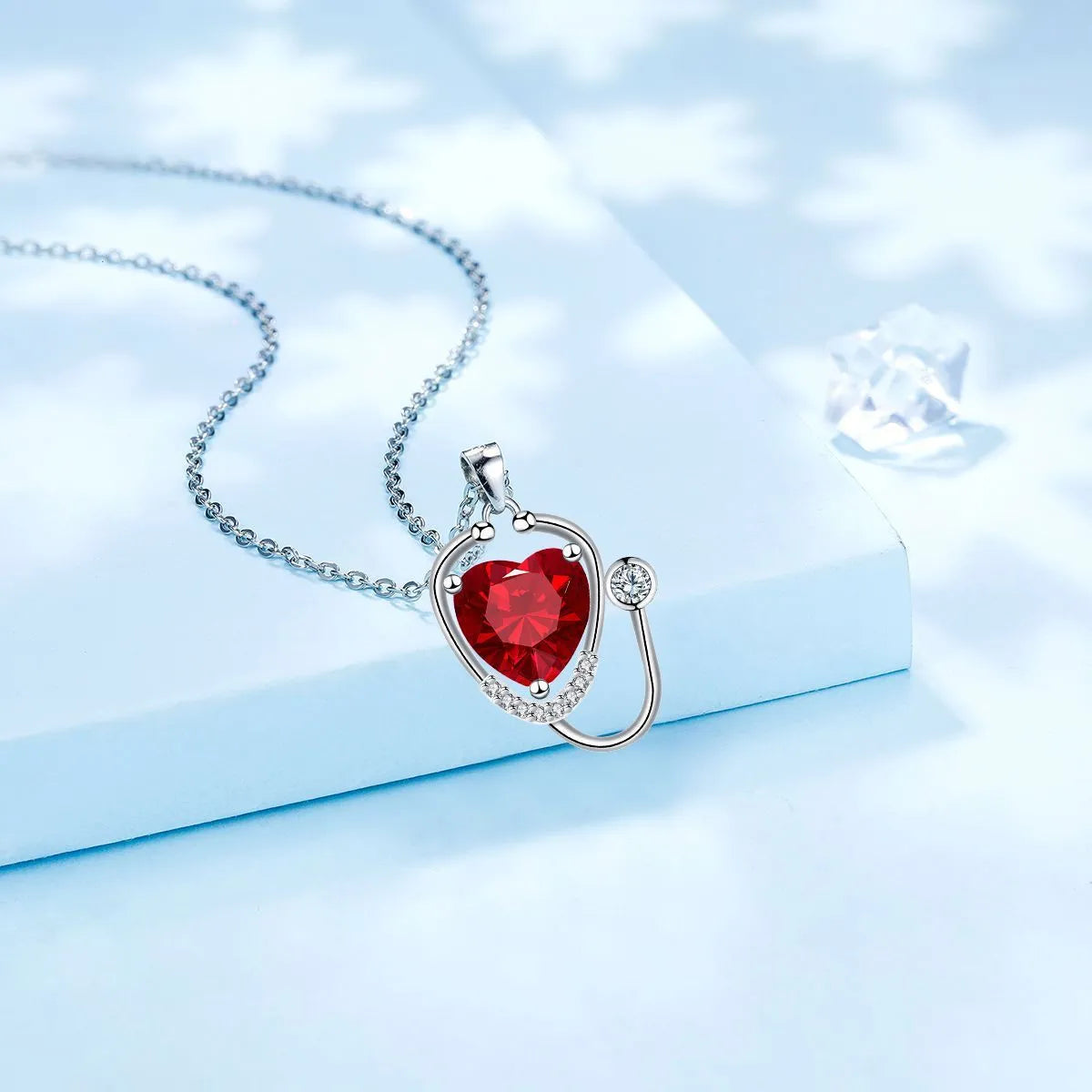 Women's copper stethoscope necklace with red diamond electroplated finish