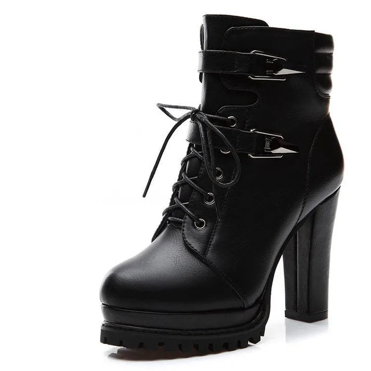 Women's black artificial PU high heel shoes with round toe and thick super high heel above 8cm