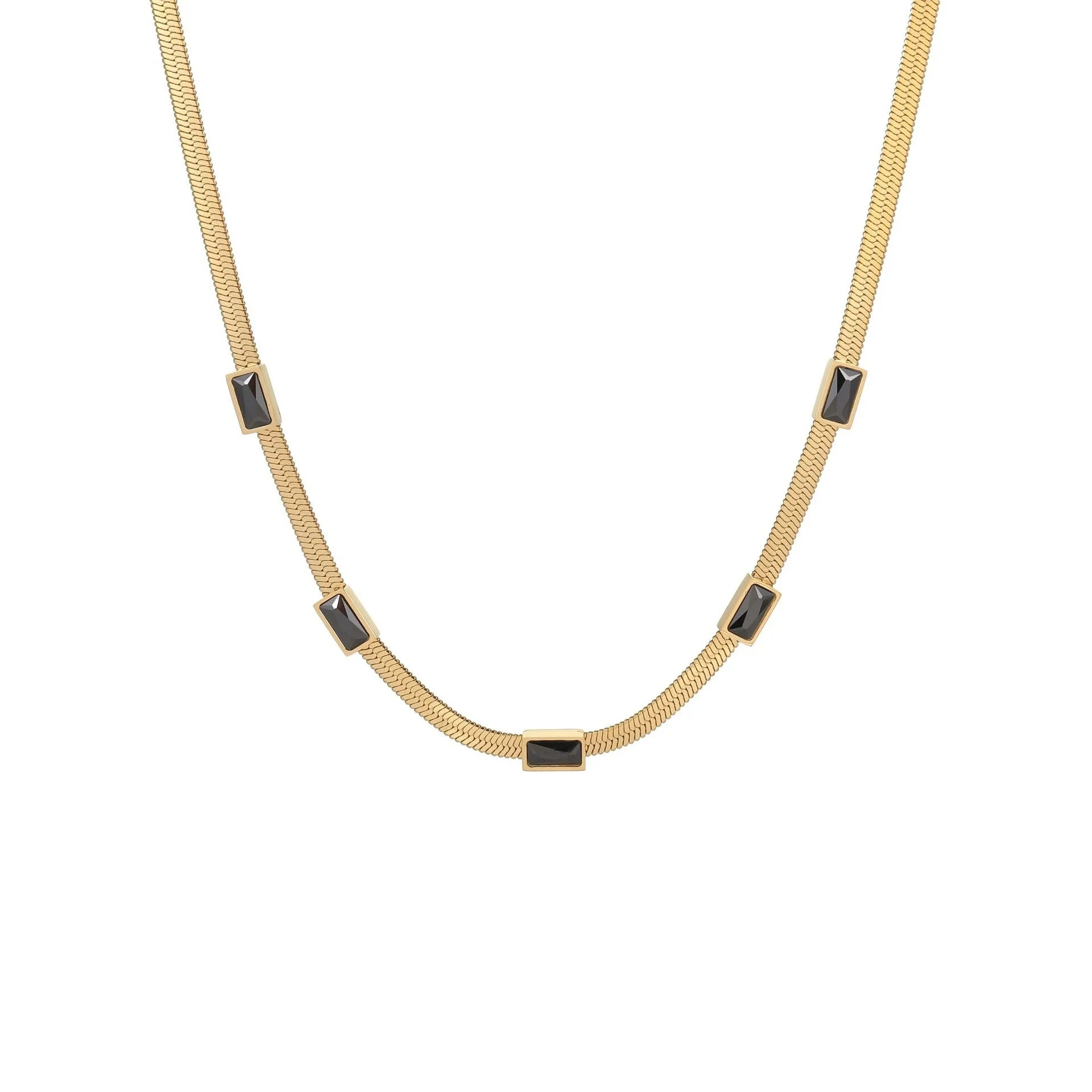 Geometric square pendant zircon necklace on a flat snake chain in gold or steel finish.