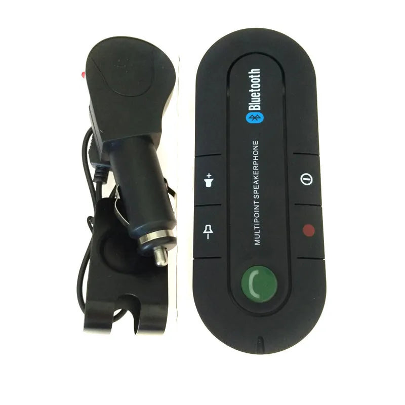 Black Bluetooth handsfree car kit with back clip, auxiliary cable, car charger and USB cable.