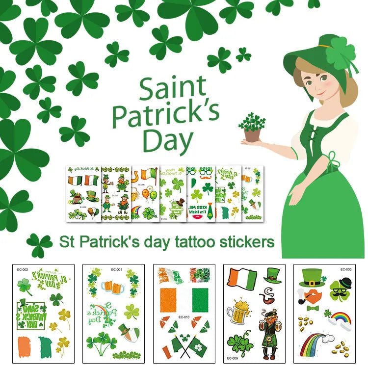 Children's temporary tattoo sticker with St. Patrick's Day clover and Irish flag cartoon design.