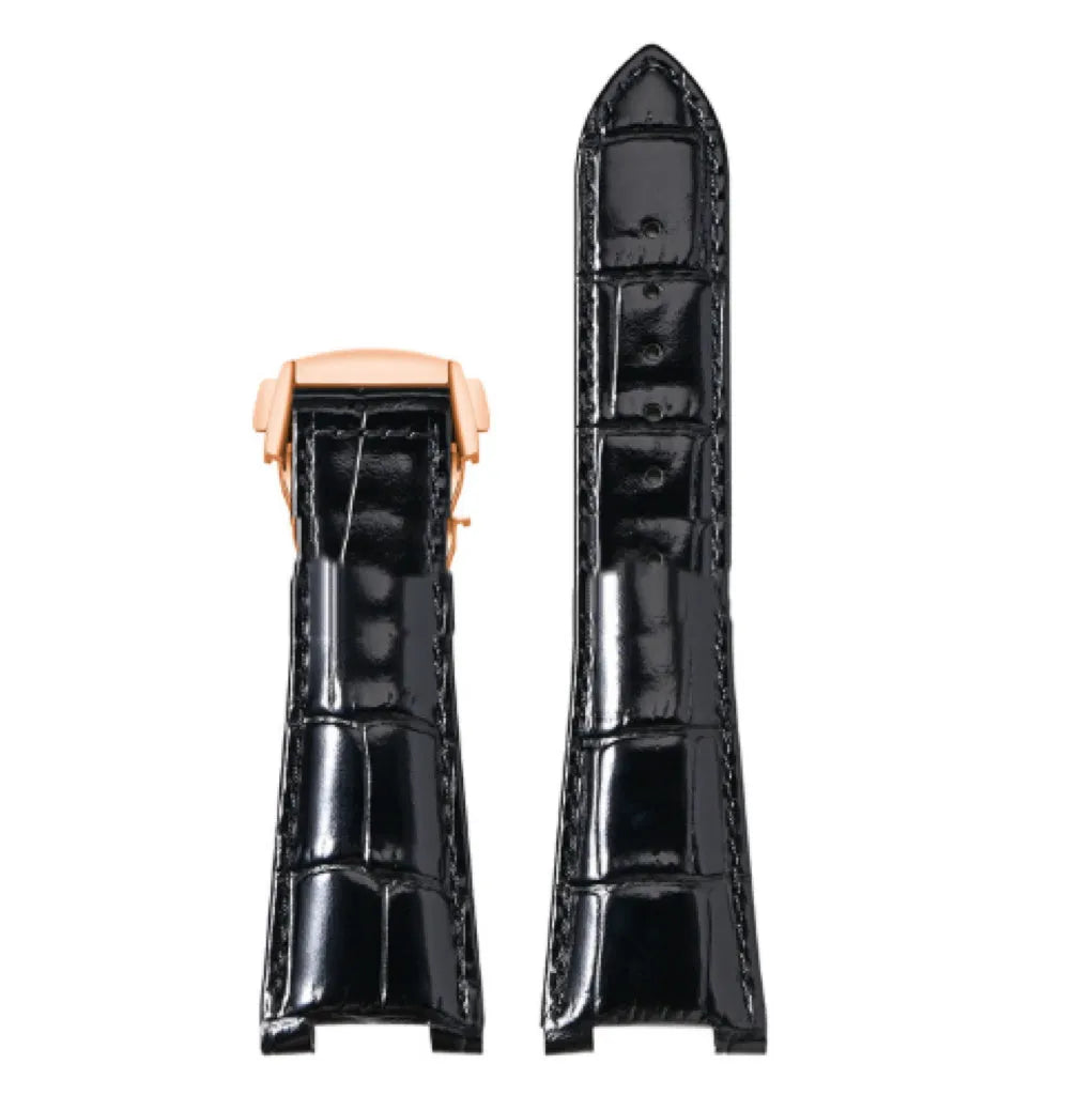 Bamboo pattern leather watch band for Observatory watches in black with silver buckle