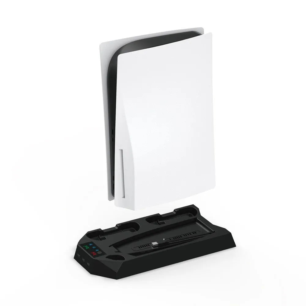 PS5 charging base and radiator stand in black with controller charging dock and headphone hook