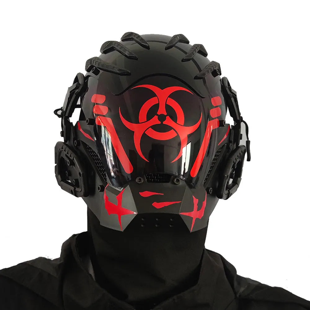 Black full face bioweapon themed prop helmet for cyberpunk cosplay.