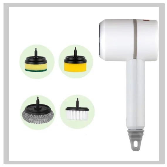White rechargeable electric cleaning brush with multiple scrubber heads on a kitchen worktop.