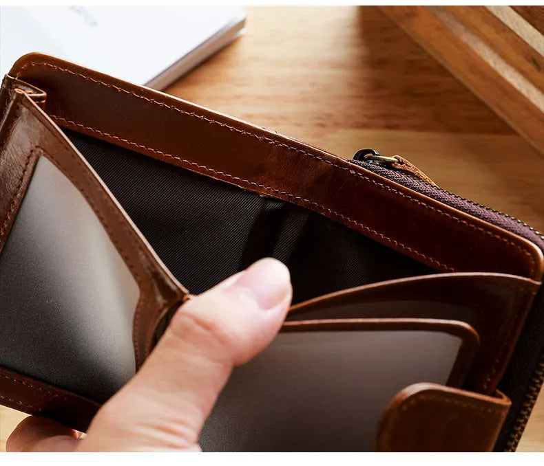 Genuine leather men's short wallet with multiple card slots in black colour
