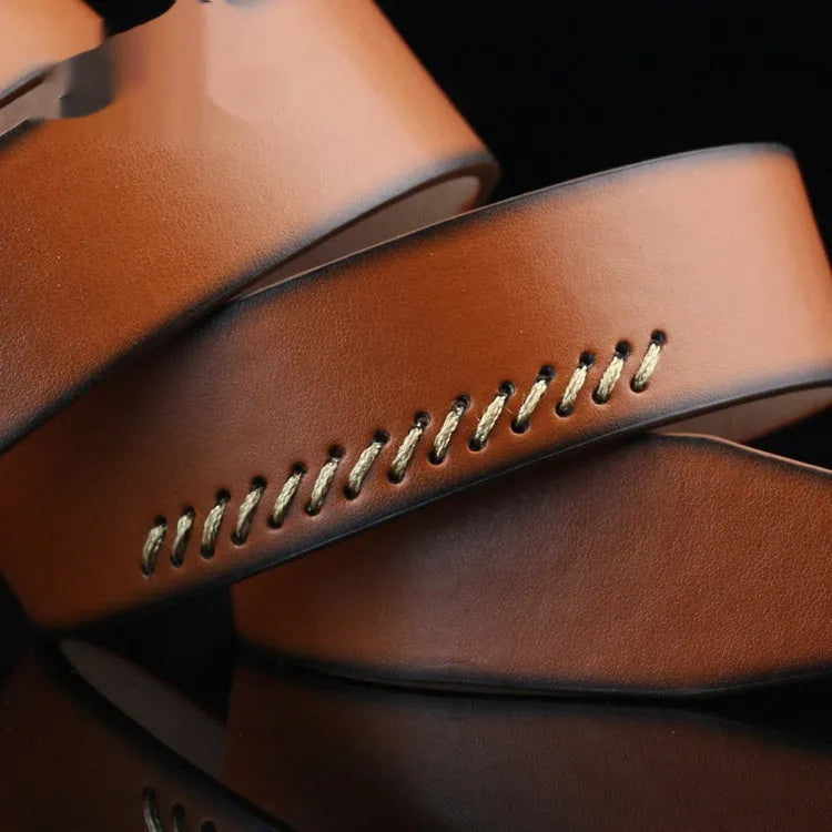 Men's black imitation leather belt with silver alloy pin buckle on a white background.