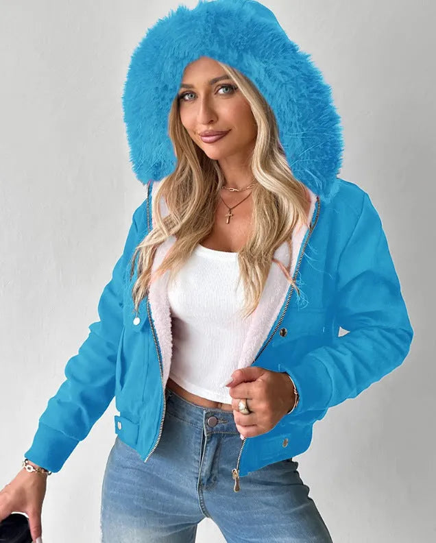 Women's casual hooded jacket with furry lining in Army Green – polyester long sleeve coat front view