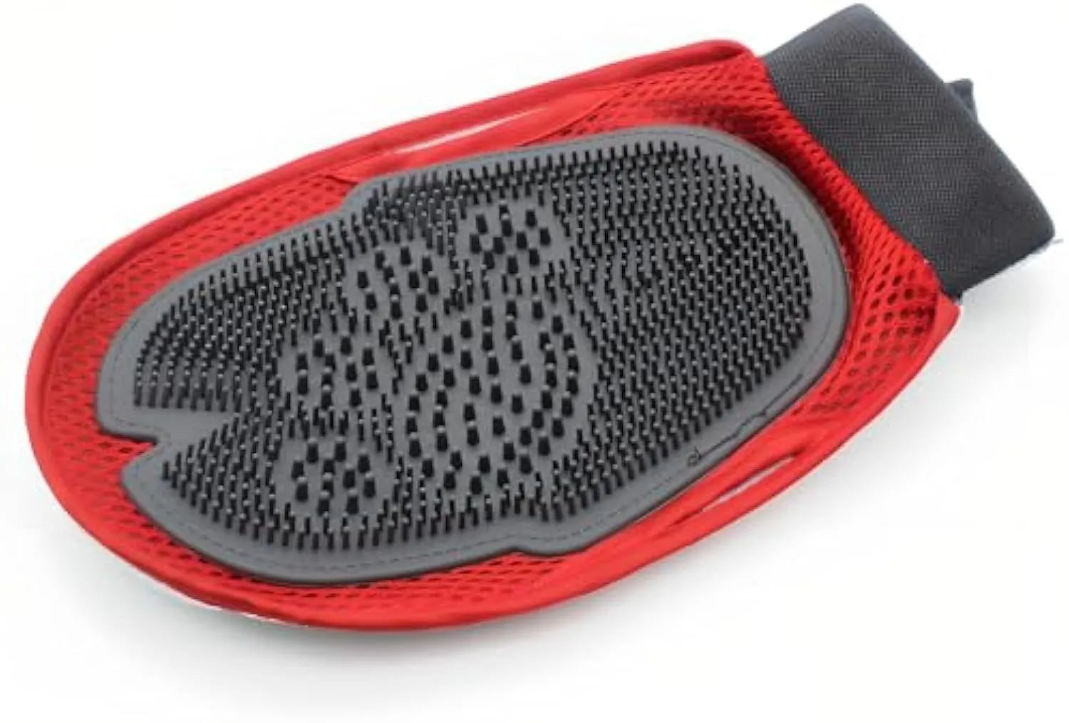 Red pet bathing and grooming glove with integrated brush elements, measures 26x16cm