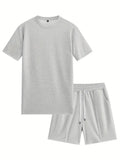 Men's apricot waffle texture short sleeve blouse and matching shorts laid flat.