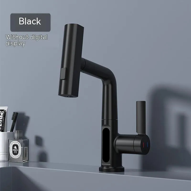 Pull-out kitchen faucet with LED temperature display showing water temperature