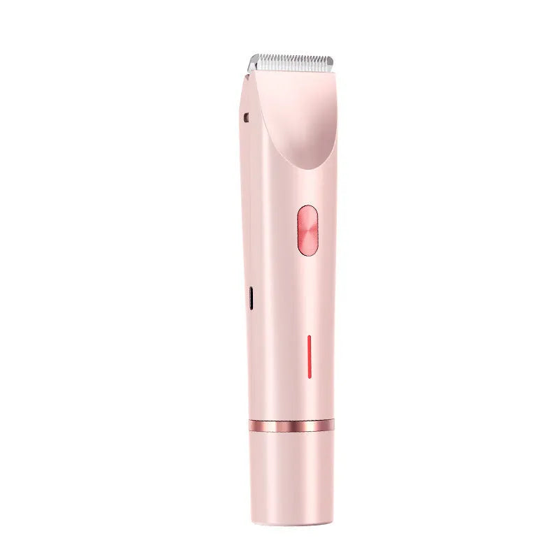Pink women's electric body hair trimmer and shaver with USB cable on a white background