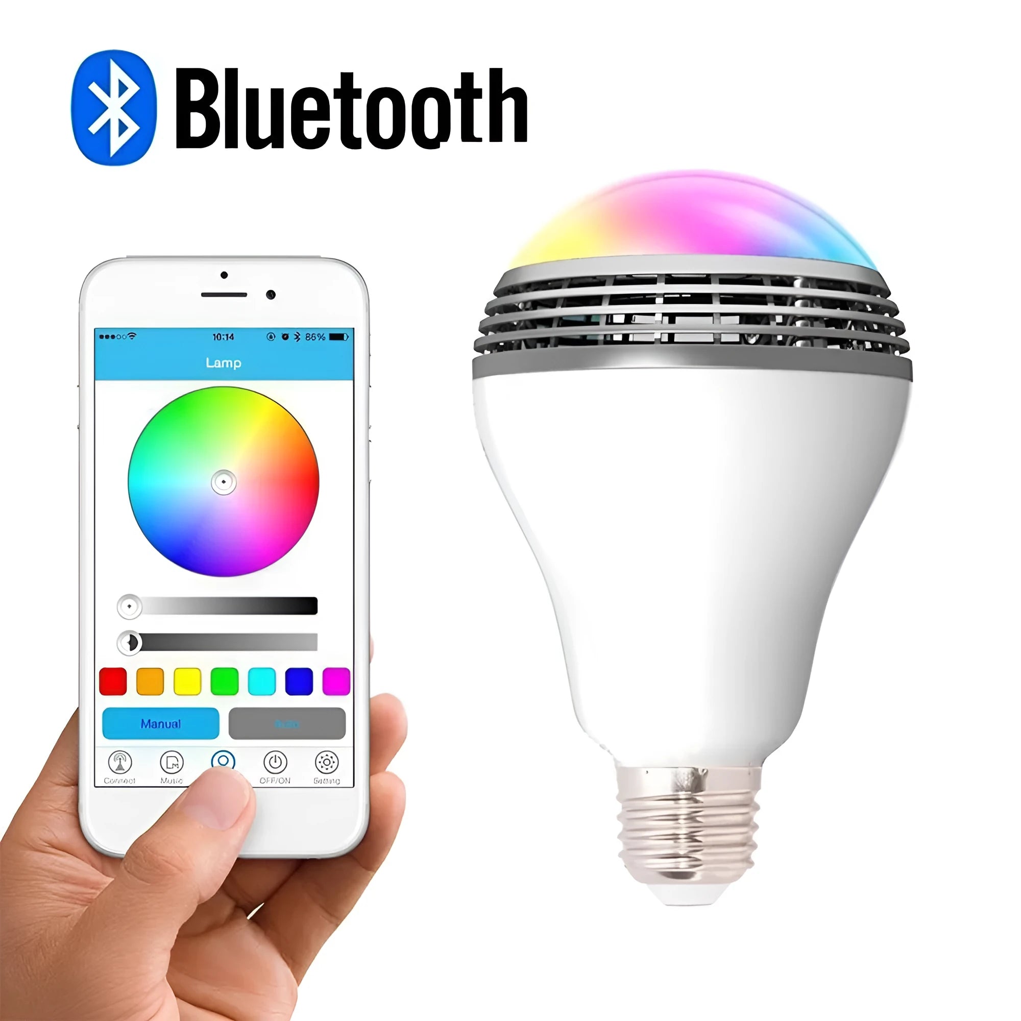 E27 smart LED bulb with Bluetooth speaker and RGB colour control
