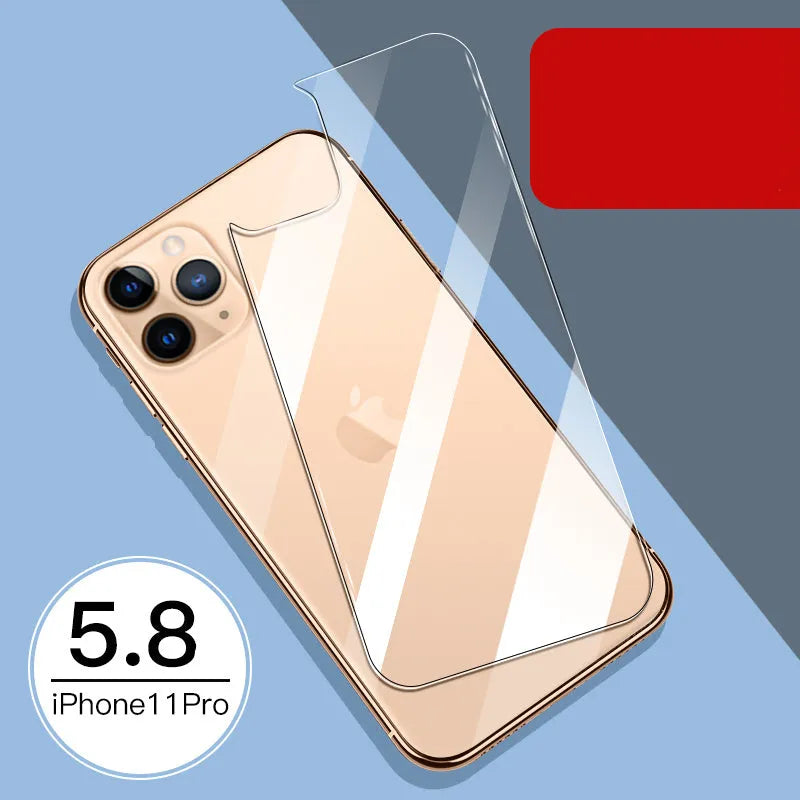 Tempered glass screen protector for Apple iPhone showing front and rear film options.