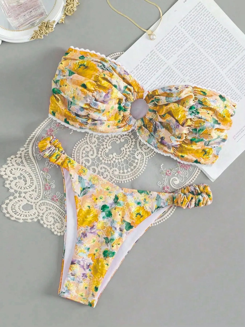 Floral print polyester bikini set with tube top and lace briefs in multiple colour options