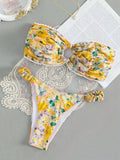 Floral print polyester bikini set with tube top and lace briefs in multiple colour options