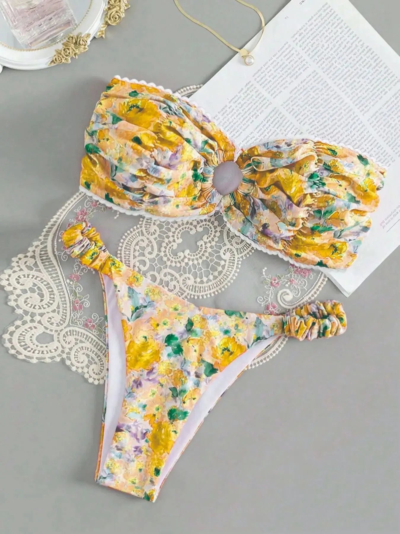 Floral print polyester bikini set with tube top and lace briefs in multiple colour options
