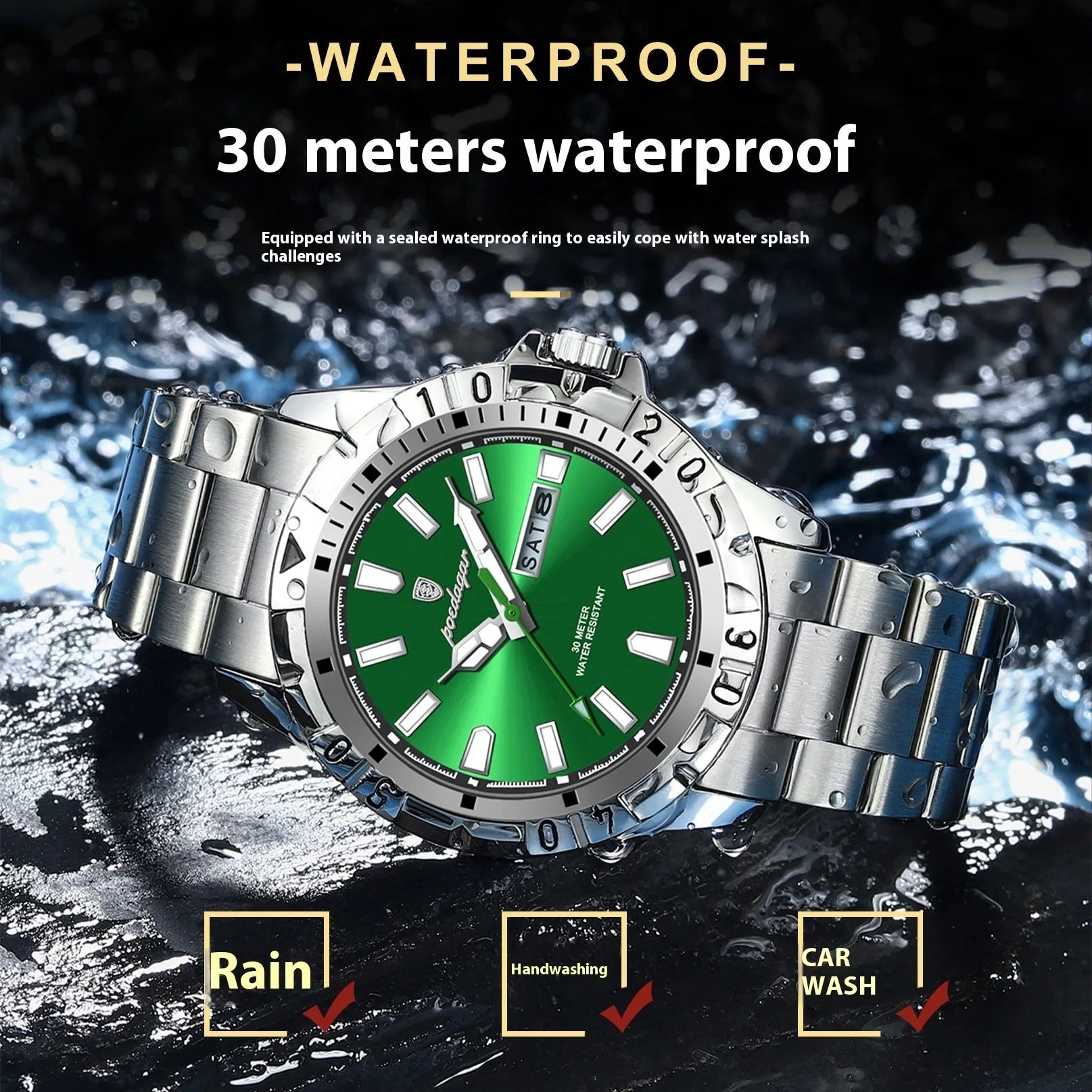 Swiss brand waterproof men's luminous watch with 6mm slim case, steel belt, silver tone dial, and luminous hands