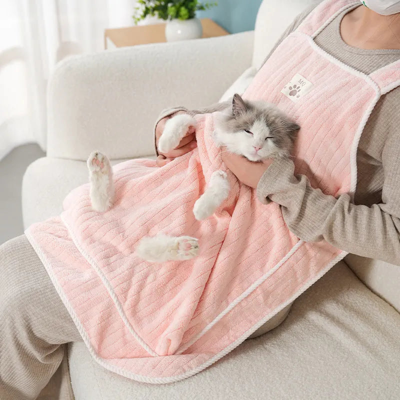 Cat petting apron in multiple colour options including pink, light blue, and striped patterns for grooming protection
