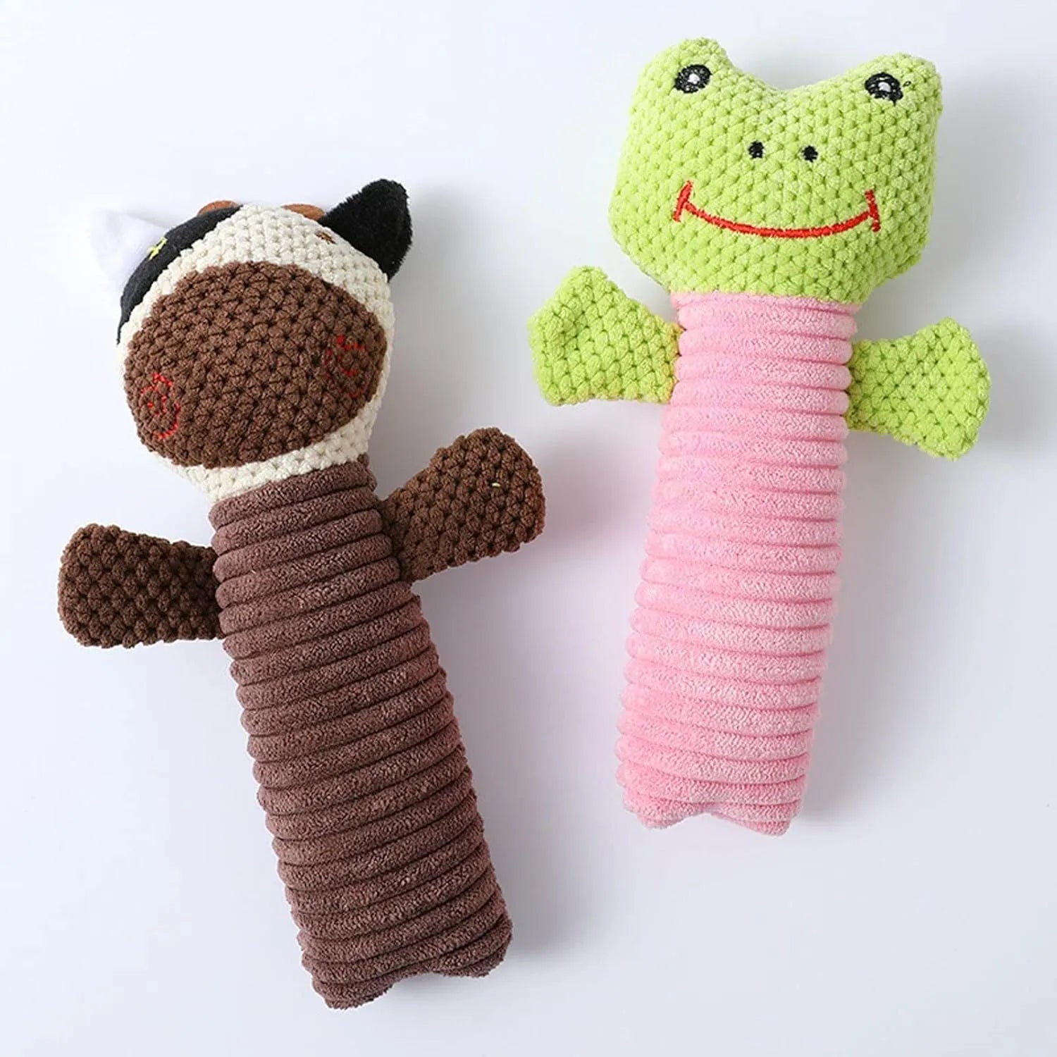 Squeaky stuffed animal dog chew toy for dental cleaning and play.