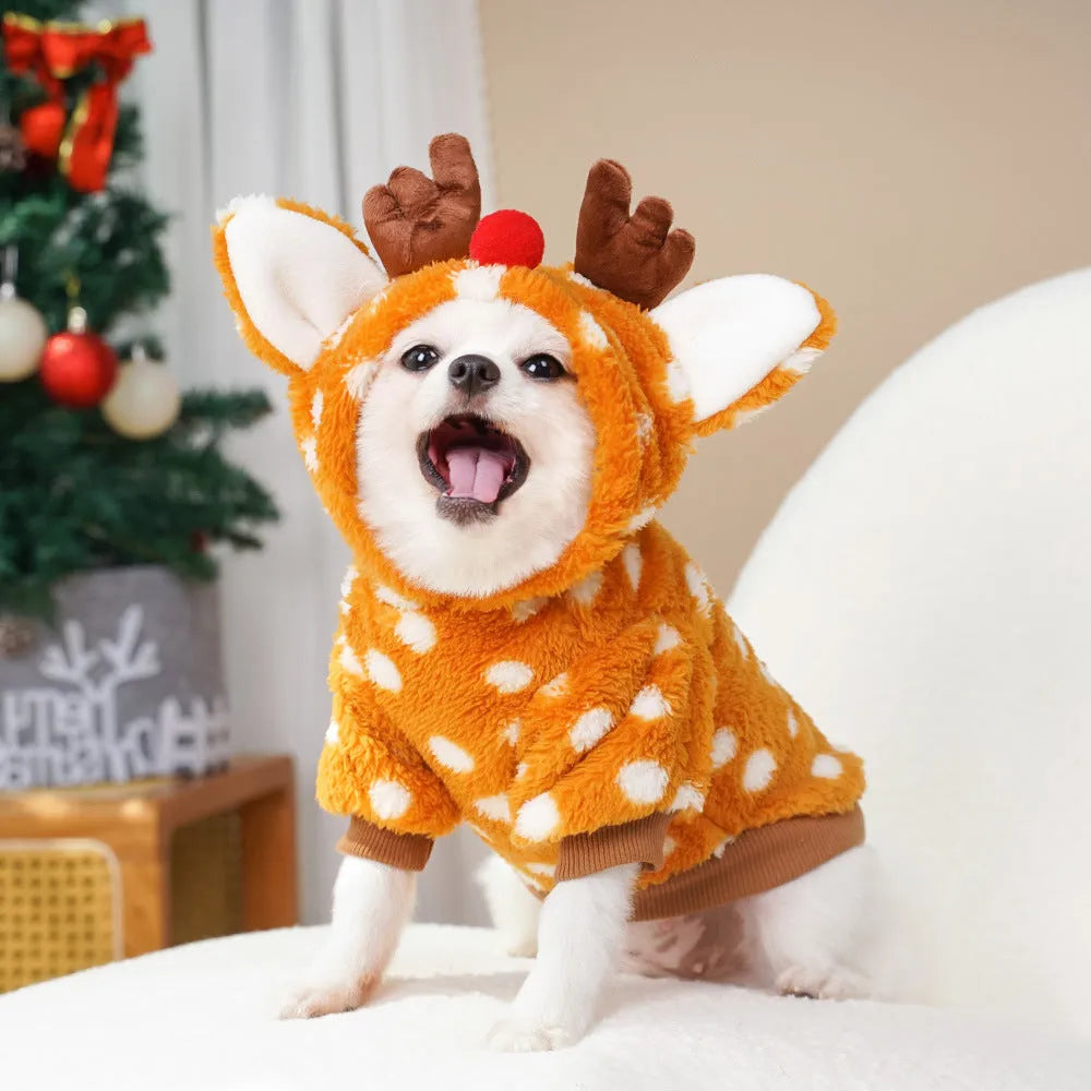 Elk-themed fleece-lined red Christmas costume on a medium-sized dog