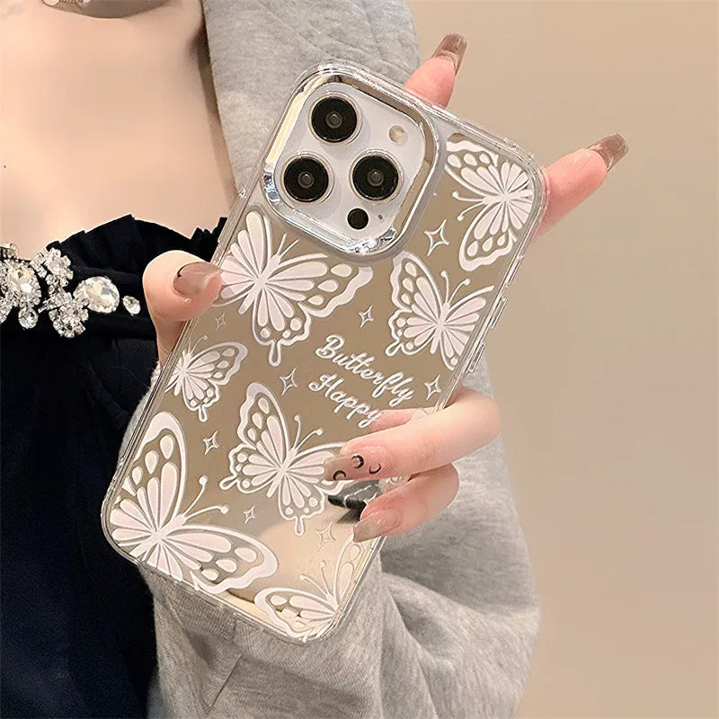 Transparent iPhone case with three-in-one mirror design and bow decoration for iPhone 15 Pro Max