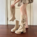 Removable pile style thick high heel platform boots for women suede upper chunky heel apricot brown