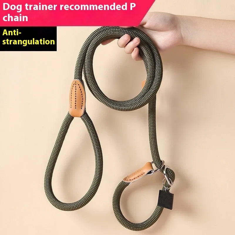 Nylon dog training rope in black, 1.5m length, 1.0cm thickness, on plain background