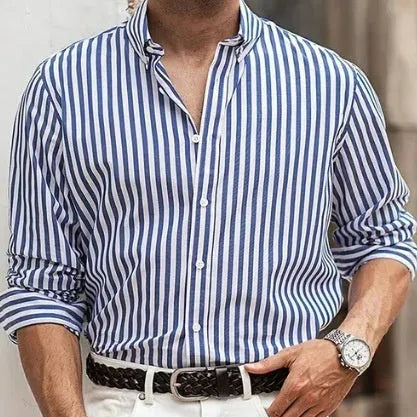 Men's loose casual striped button shirt in polyester fabric for spring autumn wear