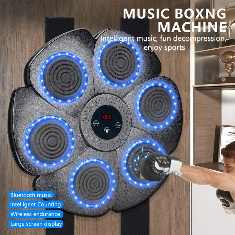 Black plastic smart boxing wall target with Bluetooth and lights, plus half-finger boxing gloves.
