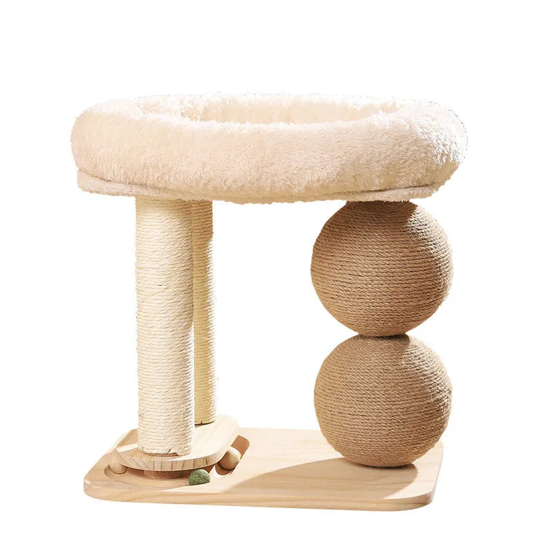 Simple pine wood cat nest with a sisal rope scratching ball attached.