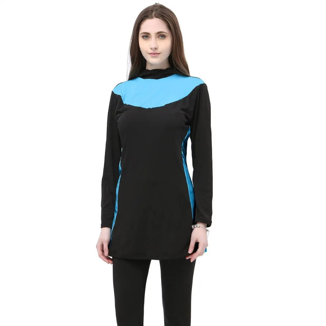 Black long sleeve hooded women's swimsuit top and trousers set for swimming.