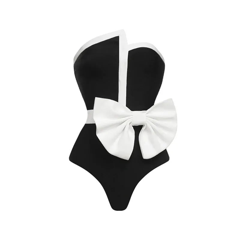 Black and white colour-block women's swimsuit with bow detail and irregular tube top