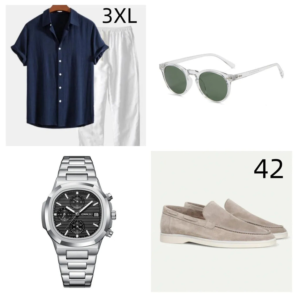 A man's navy blue casual short sleeve shirt and shorts suit made from cotton and linen.