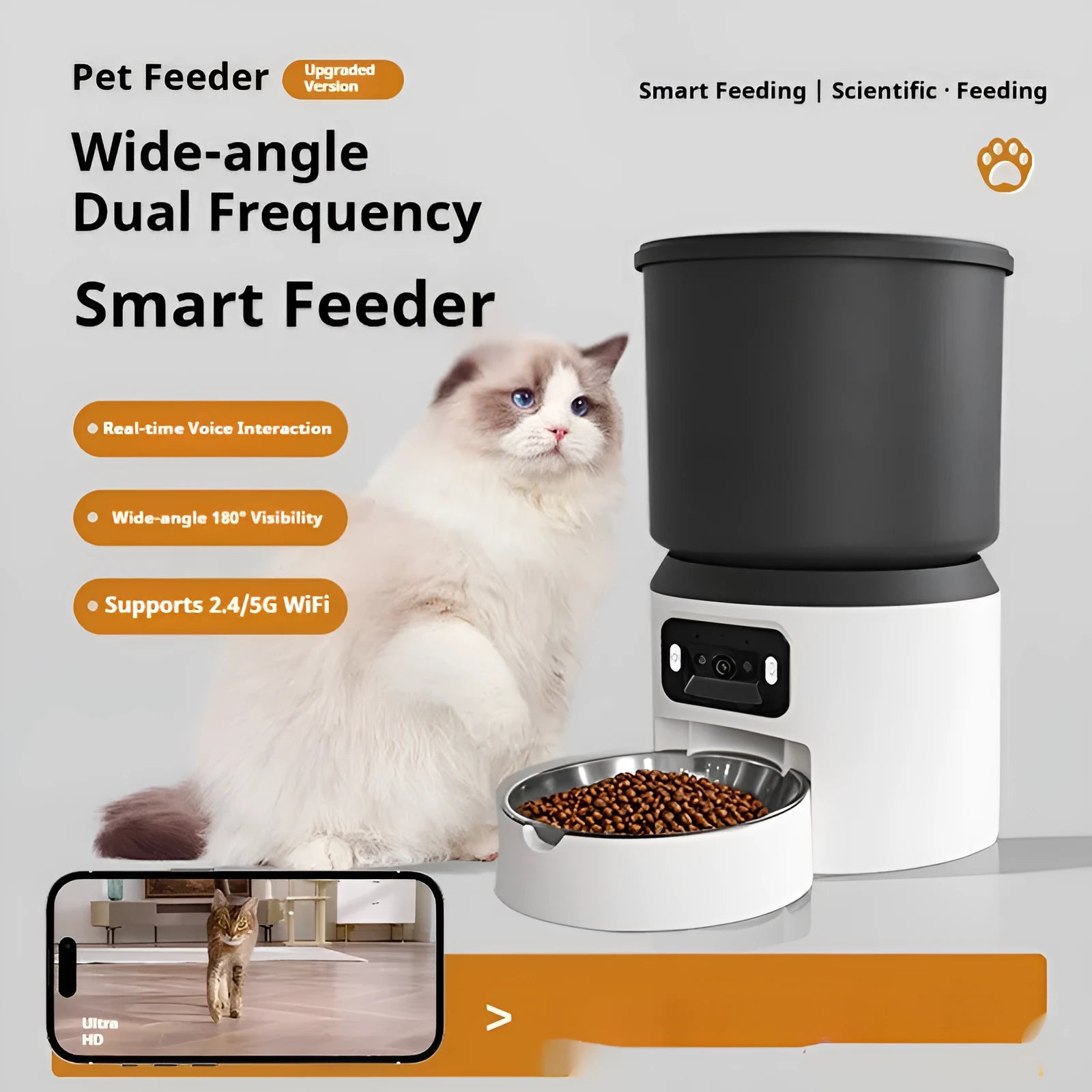 4L smart automatic pet feeder with optional camera and stainless steel bowl.