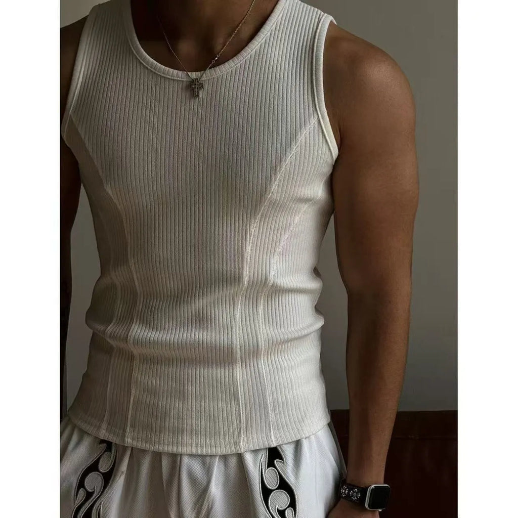 A black men's tight-fitting I-shaped vest tank top for sports, made from polyester.