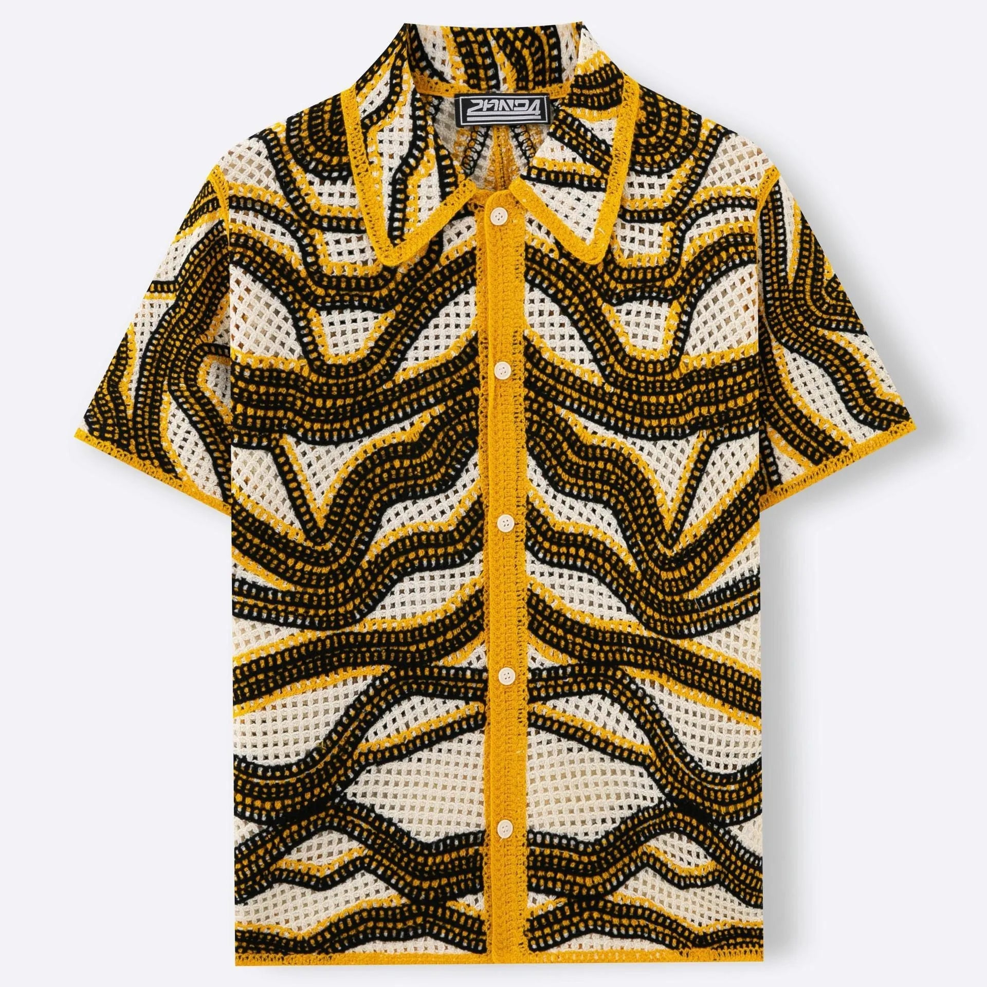 Khaki short sleeve cardigan with American striped pattern and hand-crocheted retro design