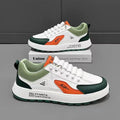 Men's round toe casual shoes in artificial PU, shown in M15 white-orange, white-black, and white-brown colour options